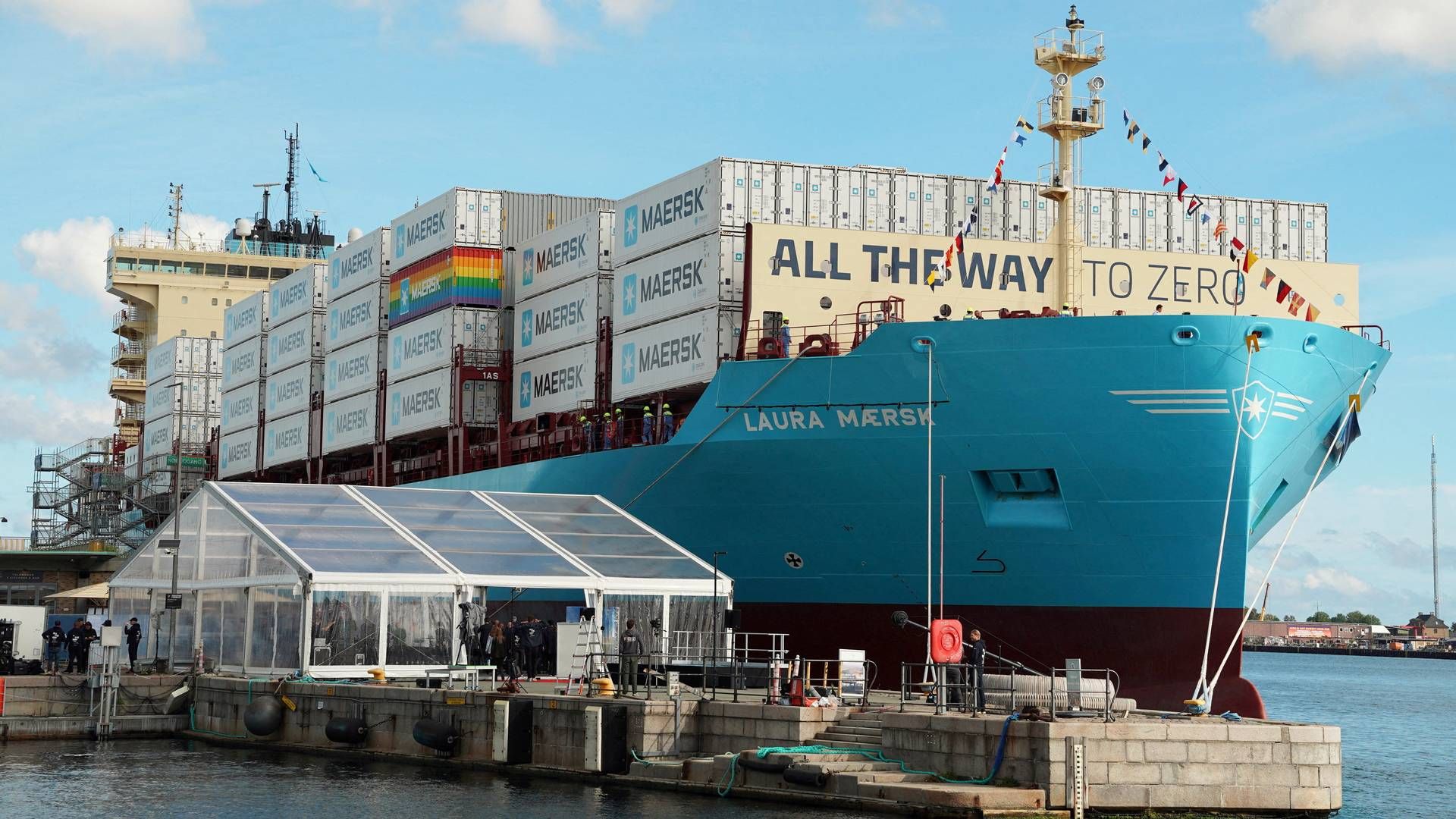 Maersk's methanol-fueled container vessel 'Laura Mærsk' in Copenhagen after its naming ceremony in September 2023. | Photo: Tom Little/Reuters/Ritzau Scanpix