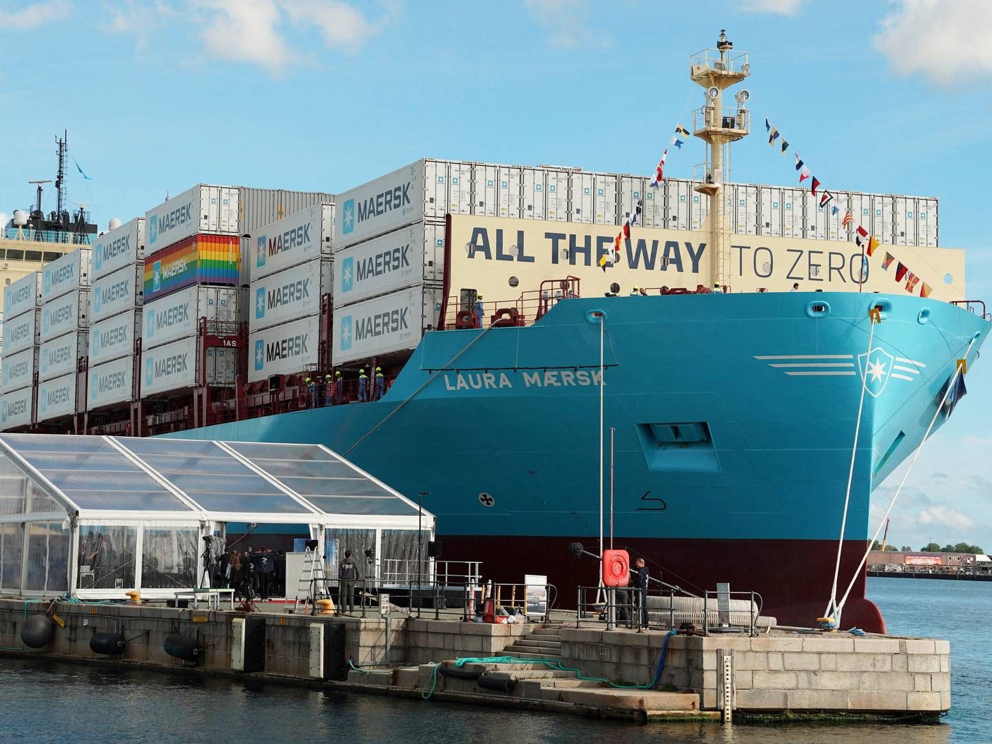Maersk's methanol-fueled container vessel 'Laura Mærsk' in Copenhagen after its naming ceremony in September 2023. | Photo: Tom Little/Reuters/Ritzau Scanpix