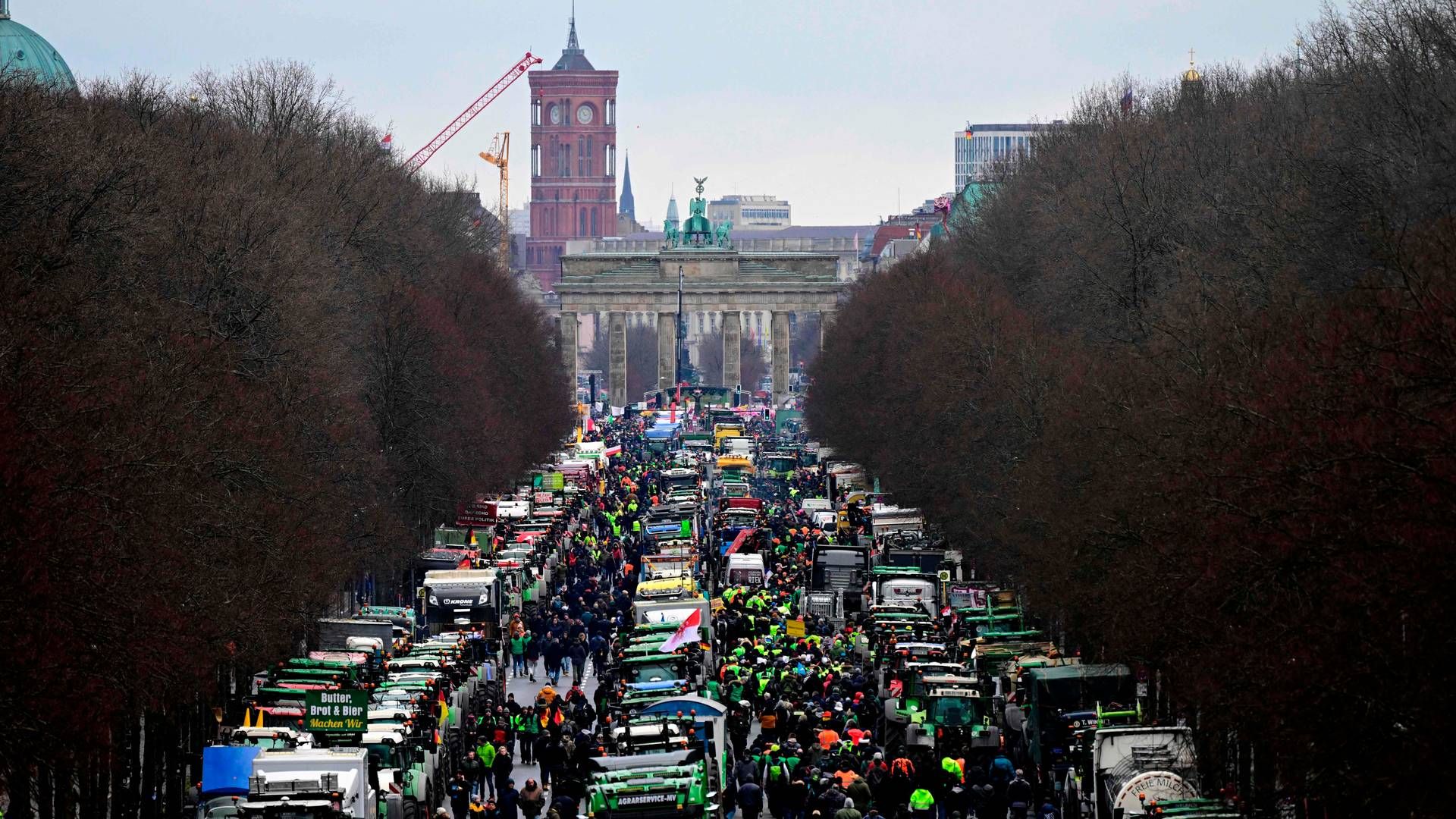 Tyske landmænd og lastbilchauffører har blokeret vejene ved Brandenburger Tor. | Foto: John Macdougall/AFP/Ritzau Scanpix