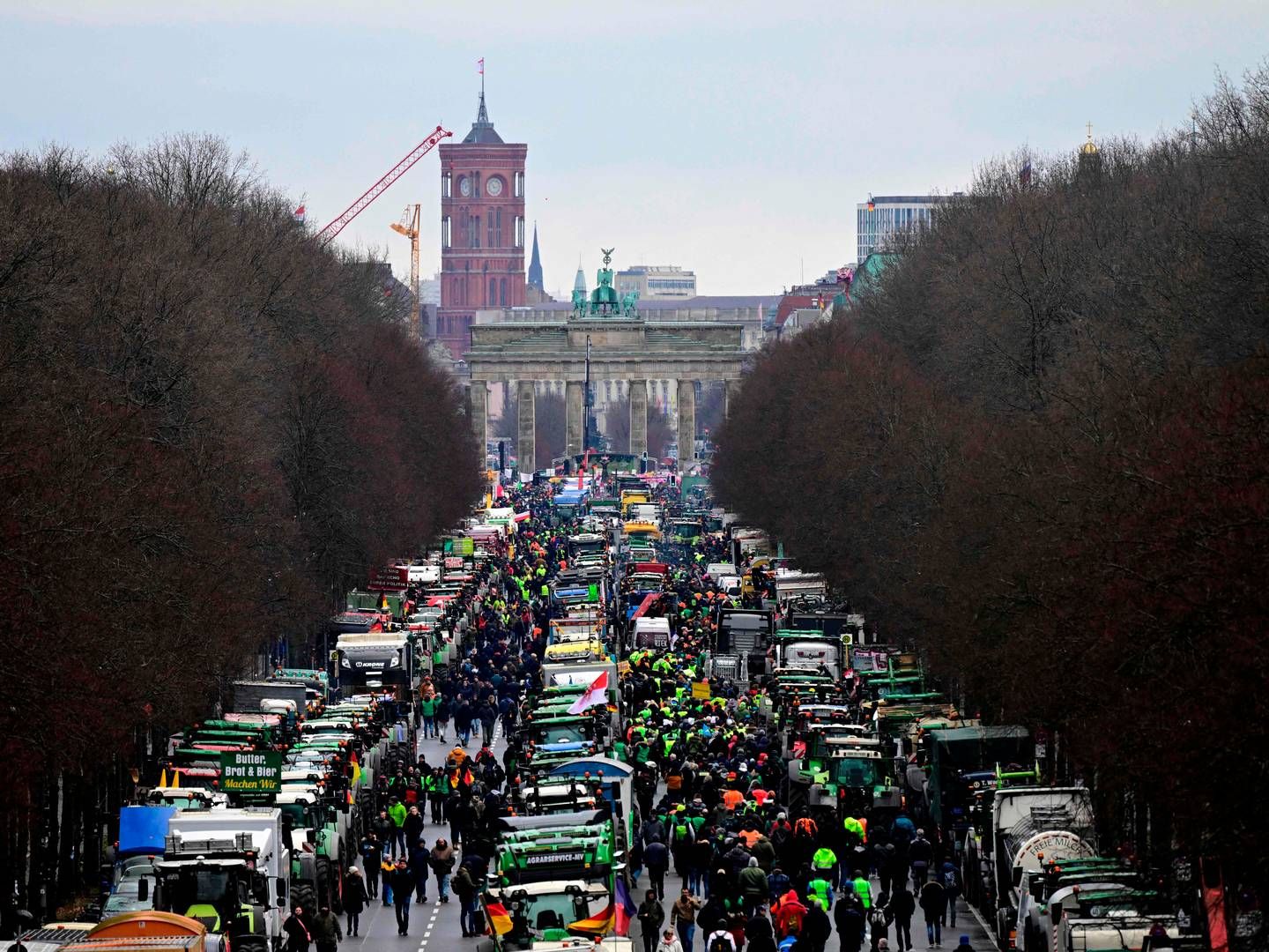 Tyske landmænd og lastbilchauffører har blokeret vejene ved Brandenburger Tor. | Foto: John Macdougall/AFP/Ritzau Scanpix