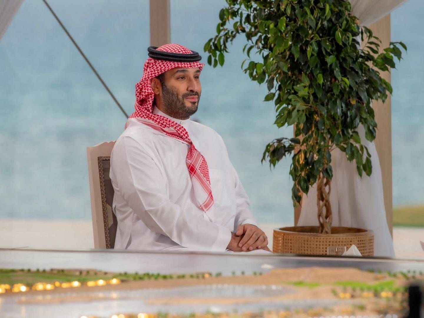 Neom-projektet er et prestigeprojekt for Saudi-Arabiens kronprins, som her ses foran en model af ørkenbyen. | Foto: Saudi Press Agency/Reuters/Ritzau Scanpix