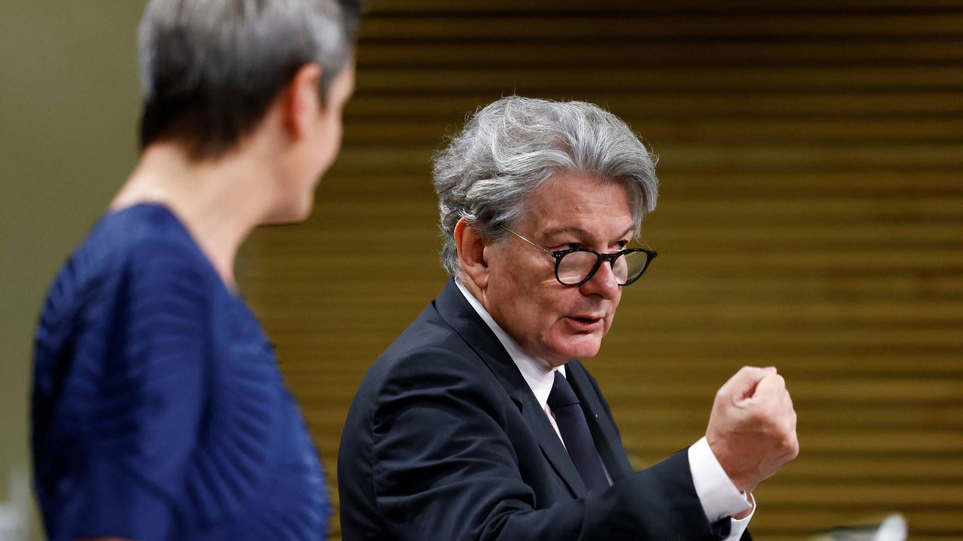 I spidsen for sikre et digitalt marked står EU-Kommissionens næstformand og konkurrencekommissær Margrethe Vestager og kommissæren med ansvar for blandt andet det indre marked Thierry Breton. | Foto: Yves Herman/Reuters/Ritzau Scanpix