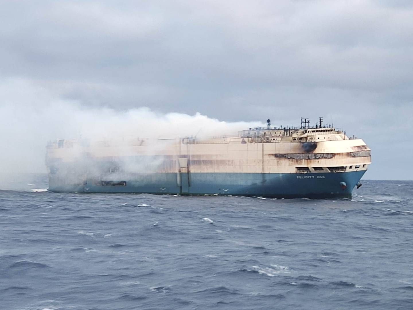 The ship Felicity Ace, en route from Emden, Germany, where Volkswagen has a factory, to Davisville, Rhode Island, burns more than 100 km from the Azores in Portugal on February 18, 2022.