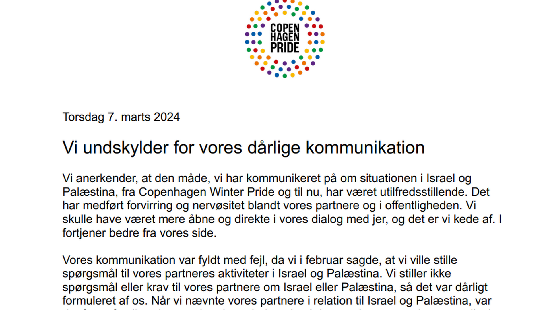 Copenhagen Pride undskylder kommunikatoinen om Israel-krav i en intern mail til partnervirksomhederne. | Foto: Screenshot af mail