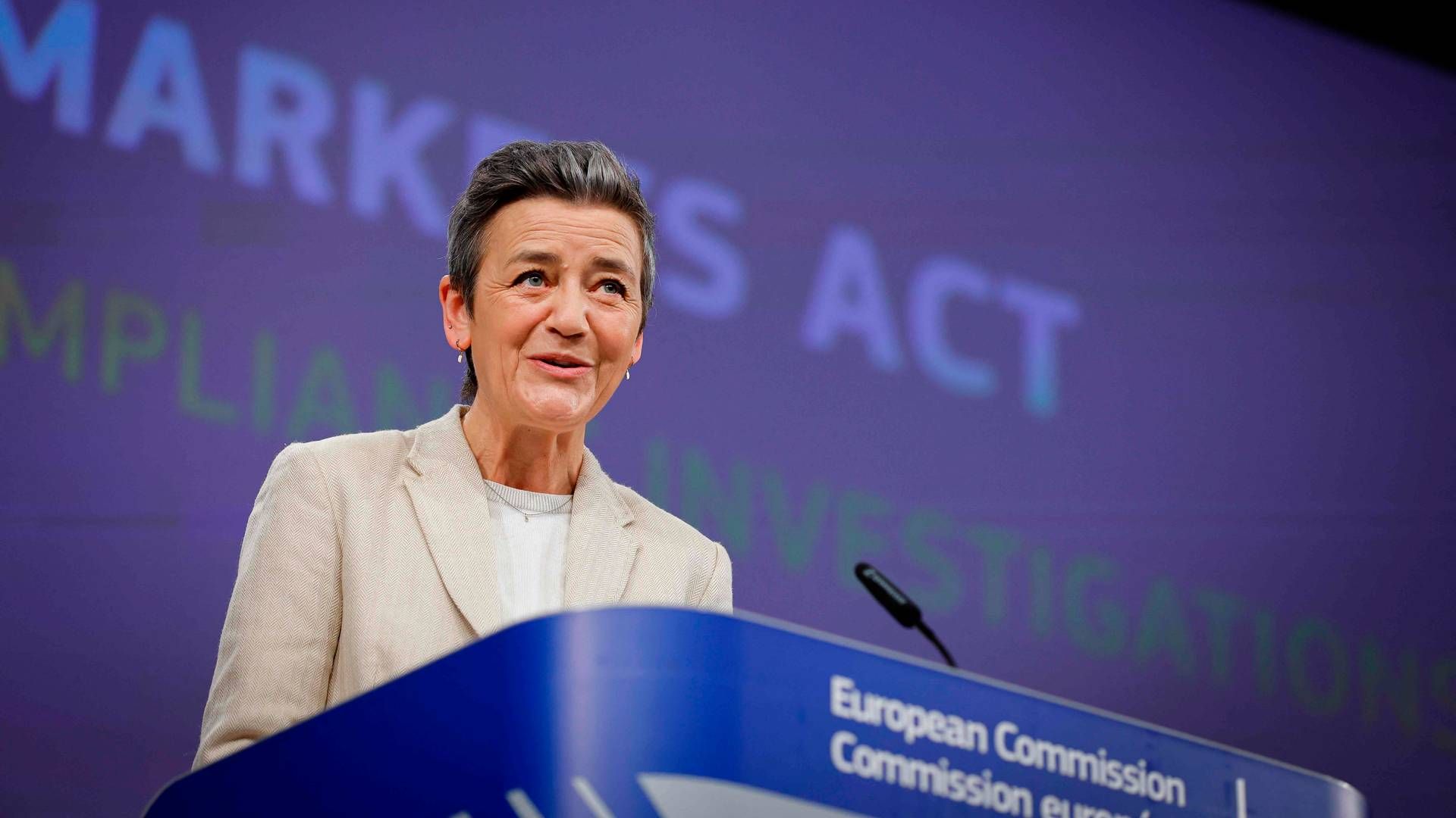 ”Det viser, at vi tager efterlevelsen af den nye Digital Markets Act meget alvorligt,” sagde Margrethe Vestager på et pressemøde. | Foto: Kenzo Tribouillard/AFP/Ritzau Scanpix