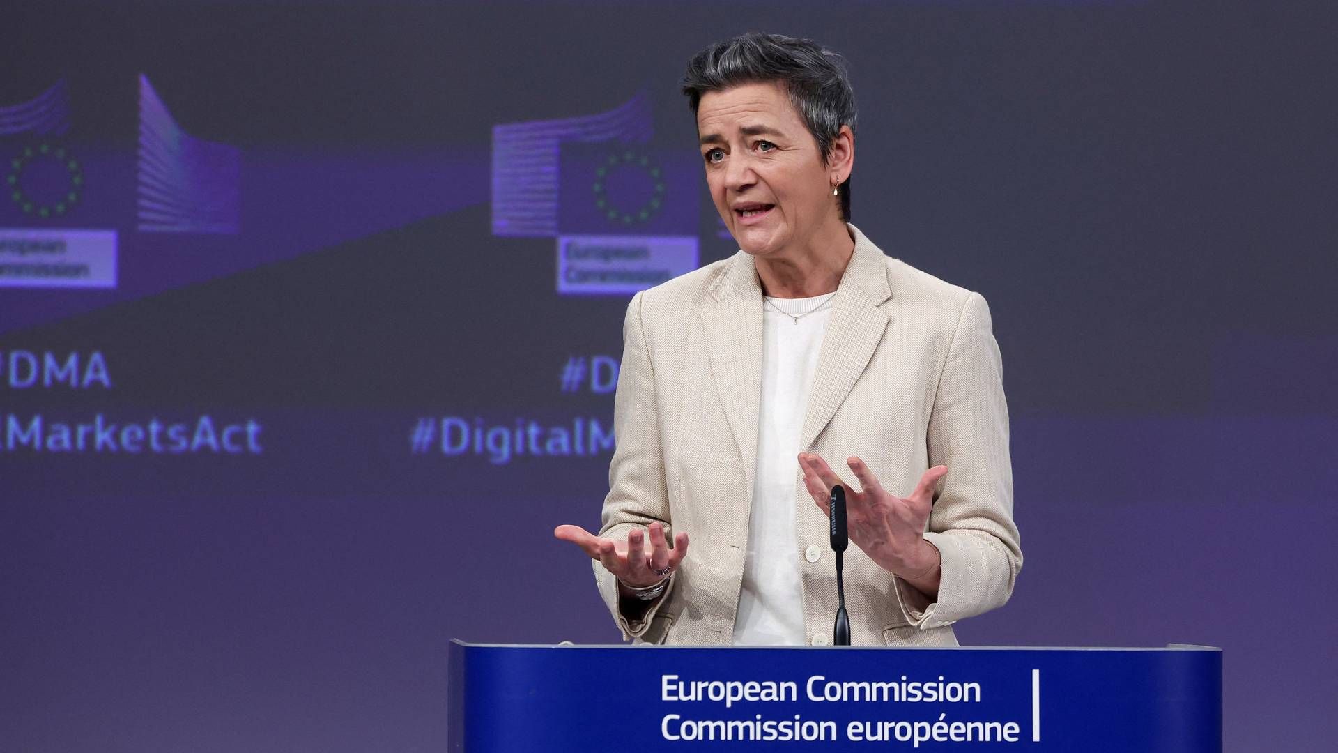 ”Det viser, at vi tager efterlevelsen af den nye Digital Markets Act meget alvorligt,” sagde Margrethe Vestager på et pressemøde. | Foto: Kenzo Tribouillard/AFP/Ritzau Scanpix