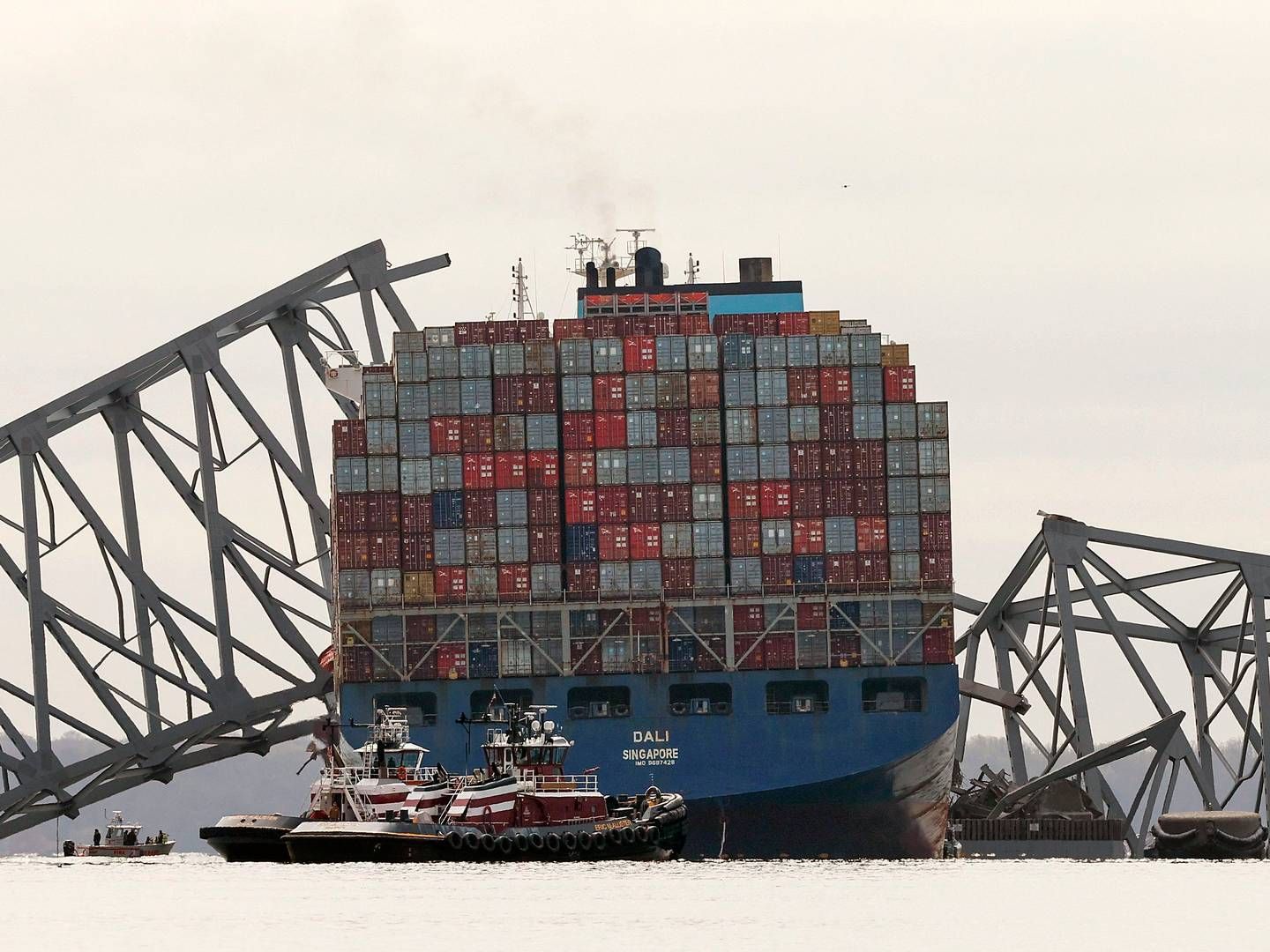 A Maersk-chartered vessel operated by Singapore-based Synergy Group collided with the Francis Scott Key Bridge on Tuesday morning local time, causing the bridge to collapse. | Photo: Kevin Dietsch/AFP/Ritzau Scanpix