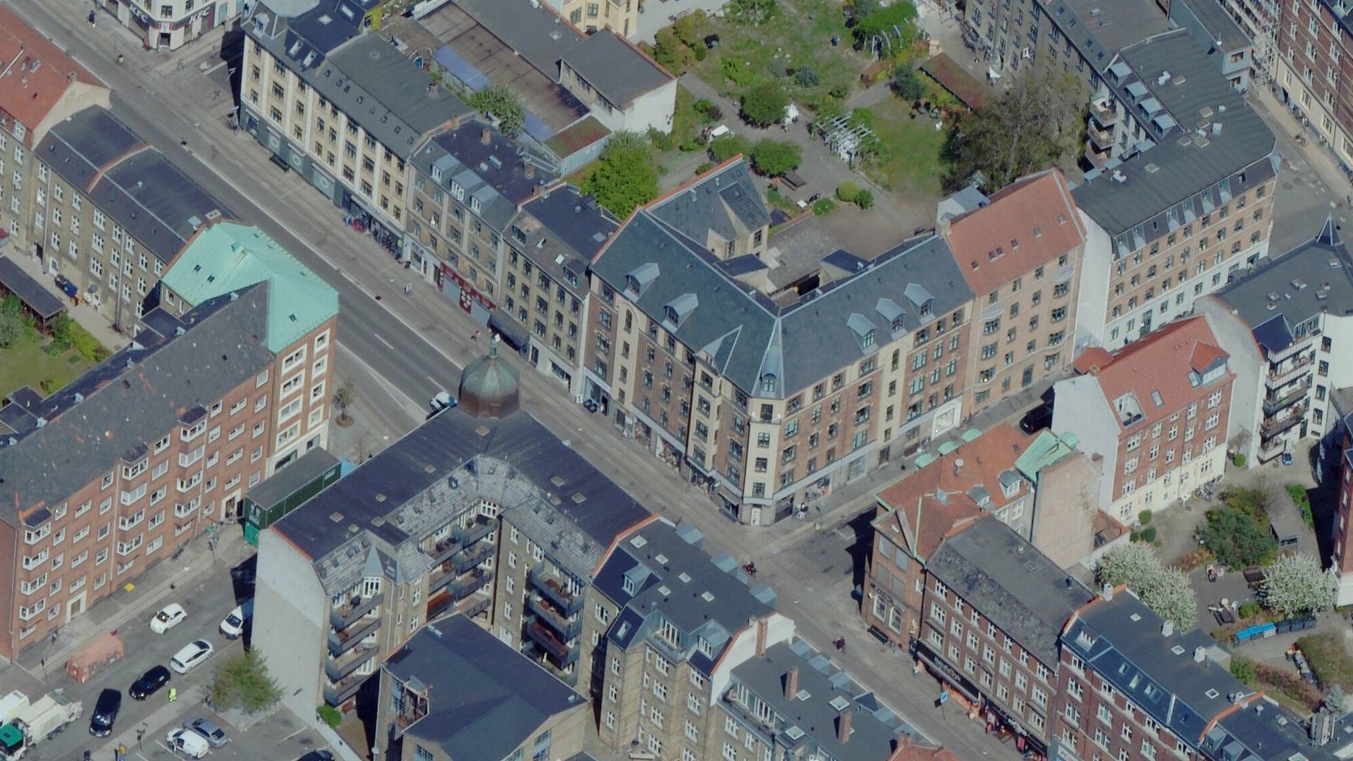 HL Managements seneste investering, Amagerbrogade 103, er hjørneejendommen i midten af billedet. | Foto: Styrelsen for Dataforsyning og Infrastruktur