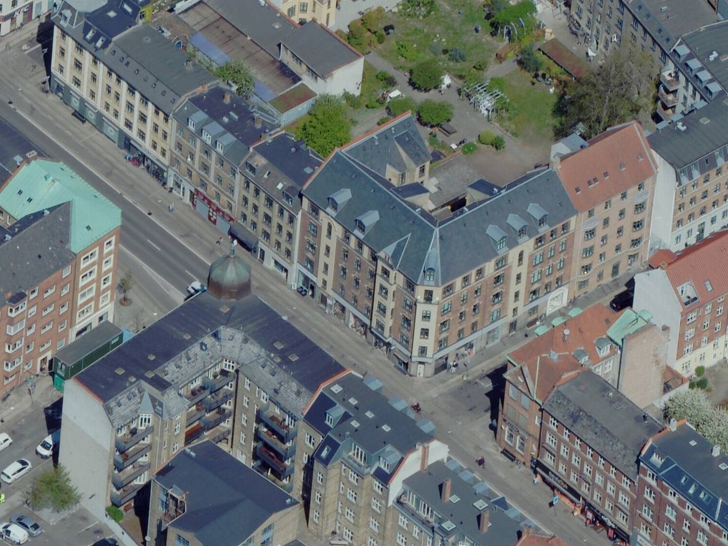 HL Managements seneste investering, Amagerbrogade 103, er hjørneejendommen i midten af billedet. | Foto: Styrelsen for Dataforsyning og Infrastruktur