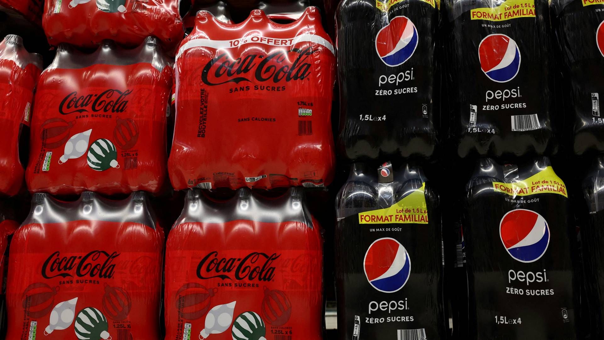 Produkter fra Pepsico og konkurrenten Coca Cola på Carrefours hylder 4. januar 2024. | Foto: Stephanie Lecocq