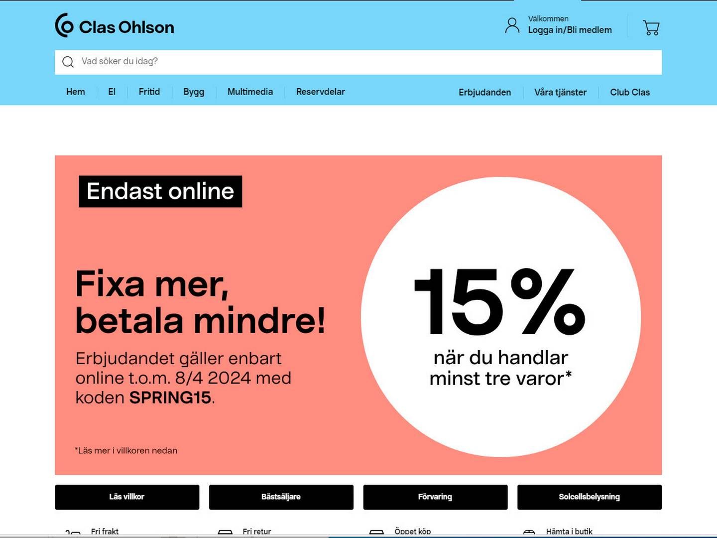 Clas Ohlson sælger produkter til hjemmet, elektronik og produkter til fritidsinteresser. | Foto: Screenshot af Clas Ohlsons hjemmeside