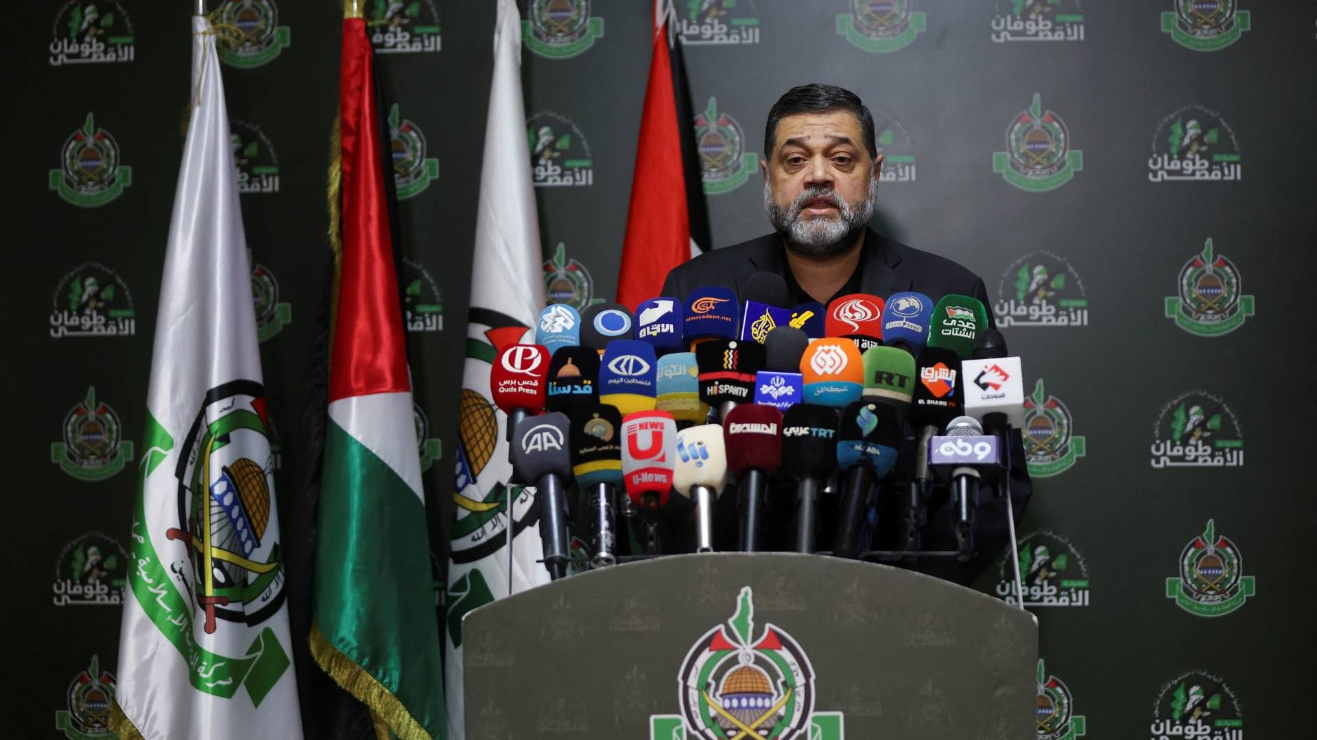 Osama Hamdan er international talsmand for Hamas, og han blev for nogle dage siden interviewet af Rasmus Tantholdt fra TV 2, og i interviewet rettede han en tak til demonstranterne til de danske Palæstina-demonstrationer, som flere fagforeninger har bakket op om. | Foto: Mohamed Azakir/Reuters/Ritzau Scanpix
