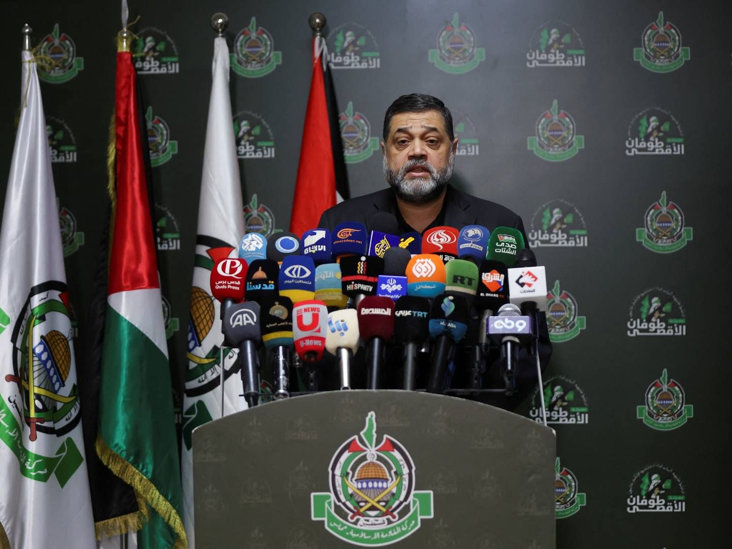 Osama Hamdan er international talsmand for Hamas, og han blev for nogle dage siden interviewet af Rasmus Tantholdt fra TV 2, og i interviewet rettede han en tak til demonstranterne til de danske Palæstina-demonstrationer, som flere fagforeninger har bakket op om. | Photo: Mohamed Azakir/Reuters/Ritzau Scanpix