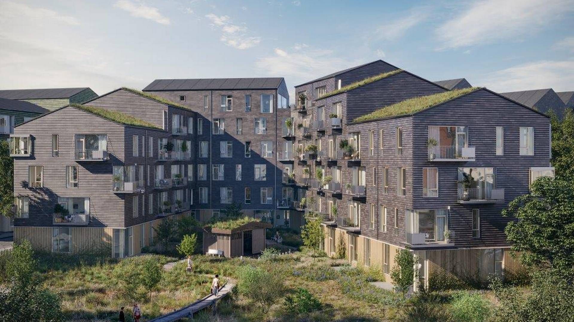 Totalentreprisen BGB opfører 206 boliger i træ i ny bydel kaldet Fælledby på Amager Fælled i København. Visualsering: Fælledby.