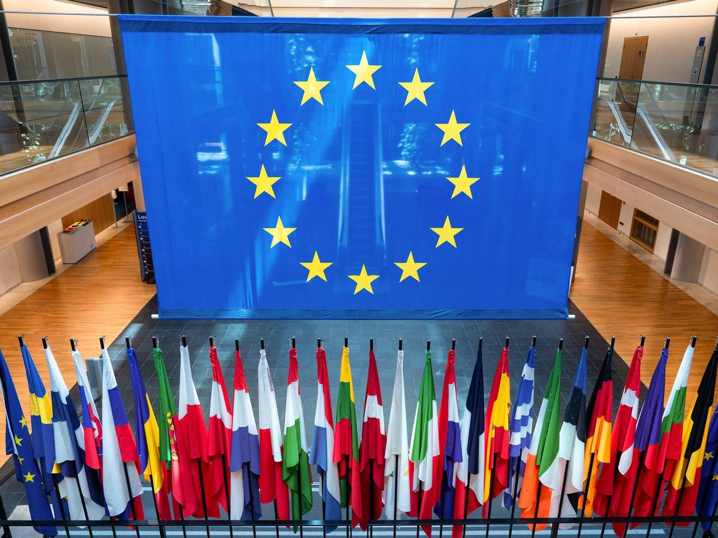 Die Fahnen der EU-Mitgliedsstaaten im Europäischen Parlament in Straßburg. | Foto: picture alliance / | Daniel Kalker