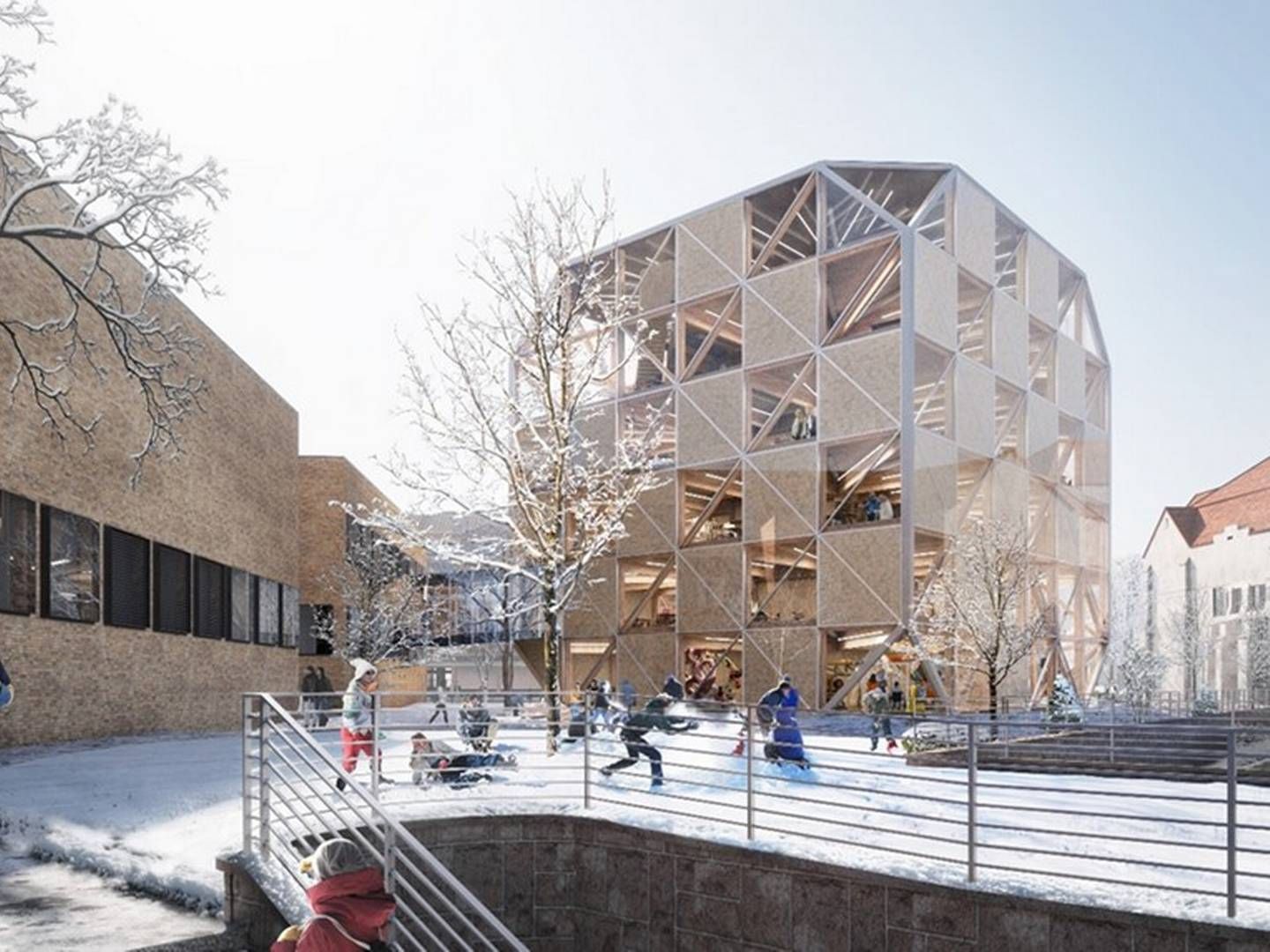 Danske Bjarke Ingels Group står bag en ny 4650 kvm-stor bygning på den amerikanske arkitektskole School of Architecture & Design i Kansas i USA. Visualisering: Kilograph.