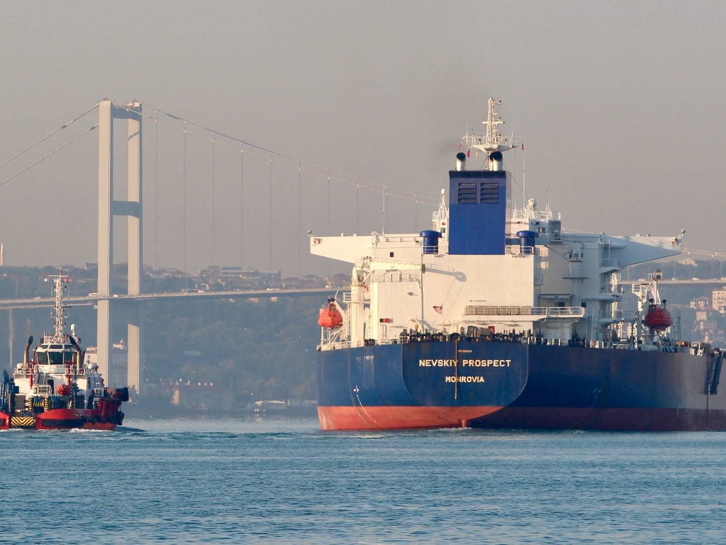 The crude oil tanker Nevskiy Prospect, owned by Russia's state-owned tanker company Sovcomflot, sails through the Bosphorus in Istanbul, Turkey, in 2020.