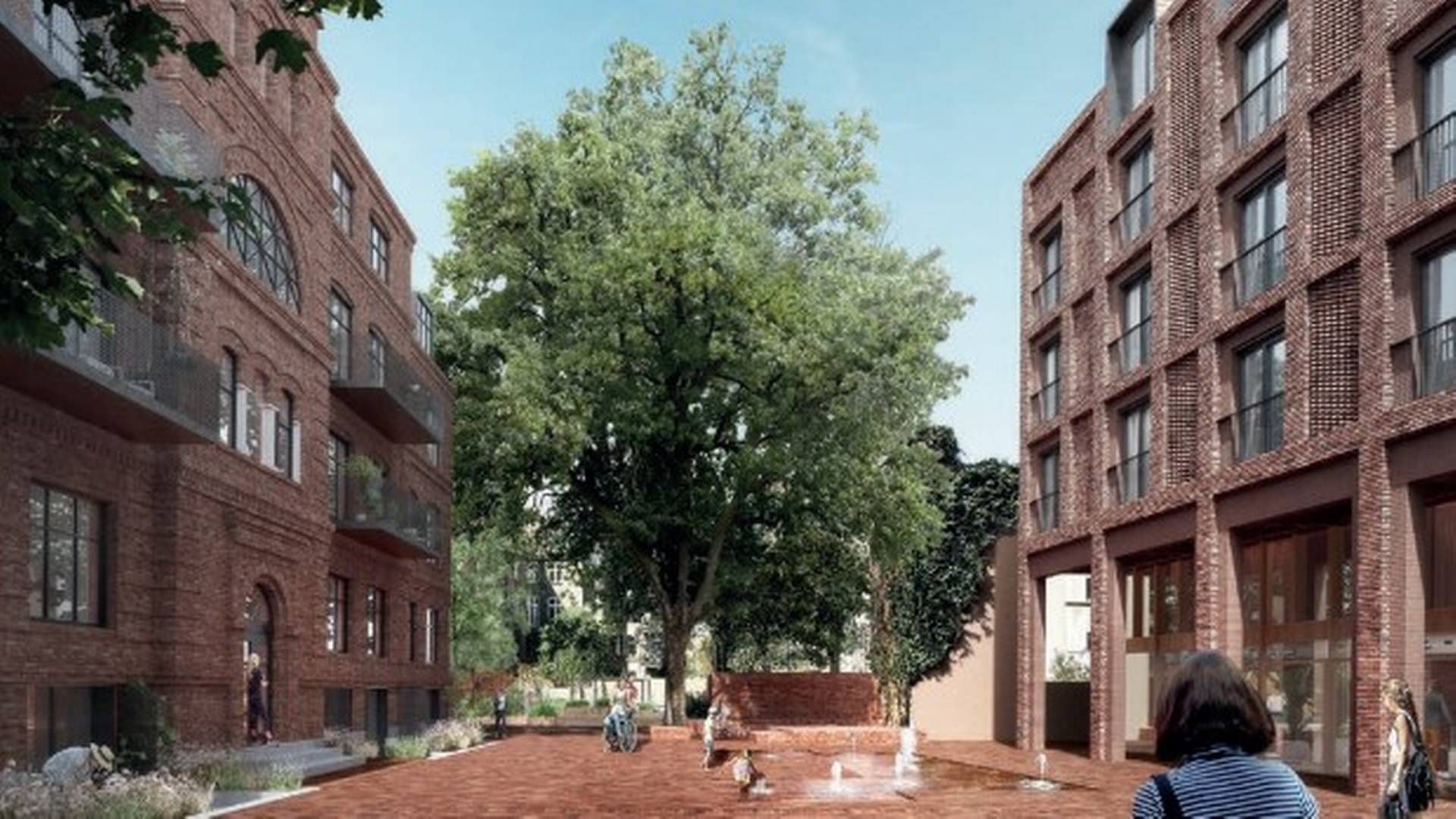 Boliger skal udfylde mere end 160 år gamle skolebygninger på Frederiksberg. Til højre ses en nybygning, mens bygningen til venstre er en eksisterende bygning, der renoveres og nyindrettes. Visualisering: Frederiksberg Kommune.