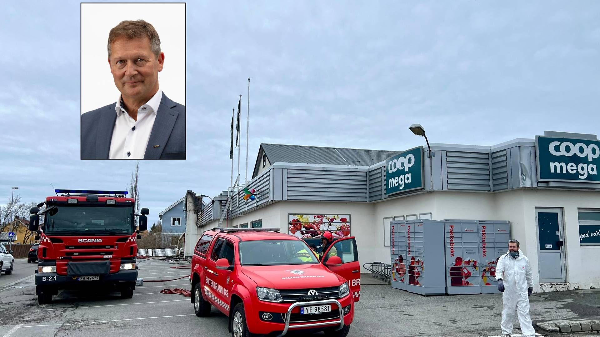 En Coop Mega-butikk i Bodø ble kraftig skadet i brann natt til lørdag. Innfelt er administrerende direktør Lars Arve Jakobsen i Coop Nordland. | Foto: Coop Nordland