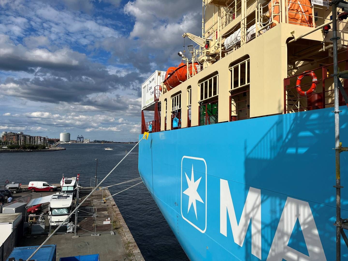 Verdens første containerskib, Laura Mærsk, der kan sejle på grøn metanol som skibsbrændstof. | Foto: Jacob Gronholt-Pedersen/Reuters/Ritzau Scanpix