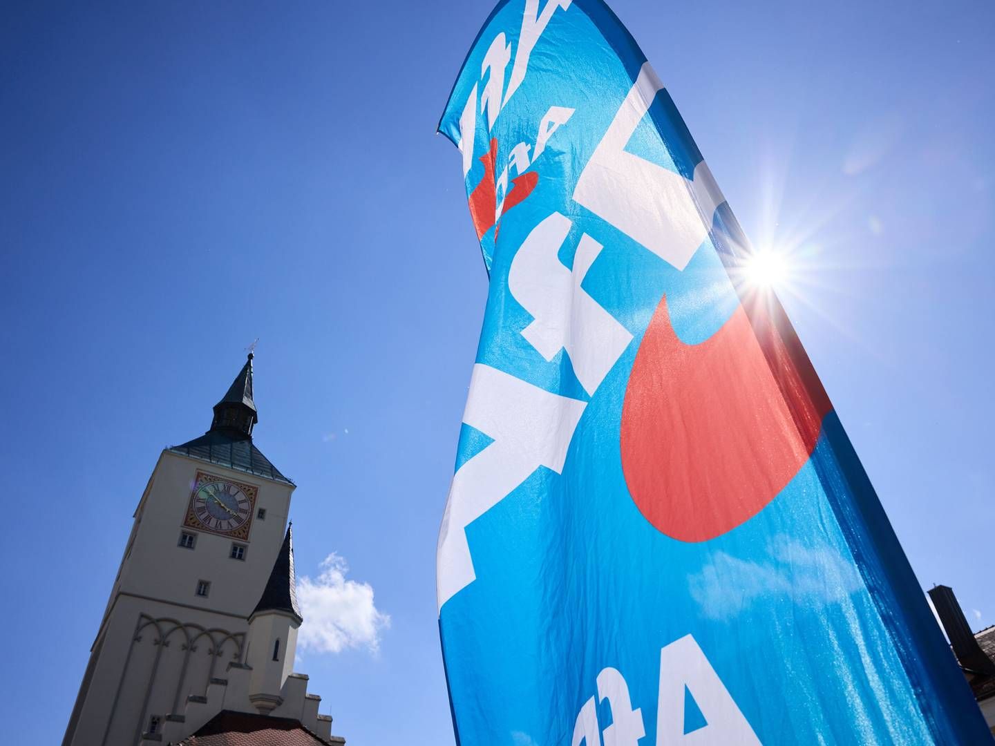 Eine AfD-Flagge am Stadtplatz in Deggendorf bei einer Veranstaltung anlässlich des Europawahlkampfes. | Foto: picture alliance/dpa | Tobias C. Köhler