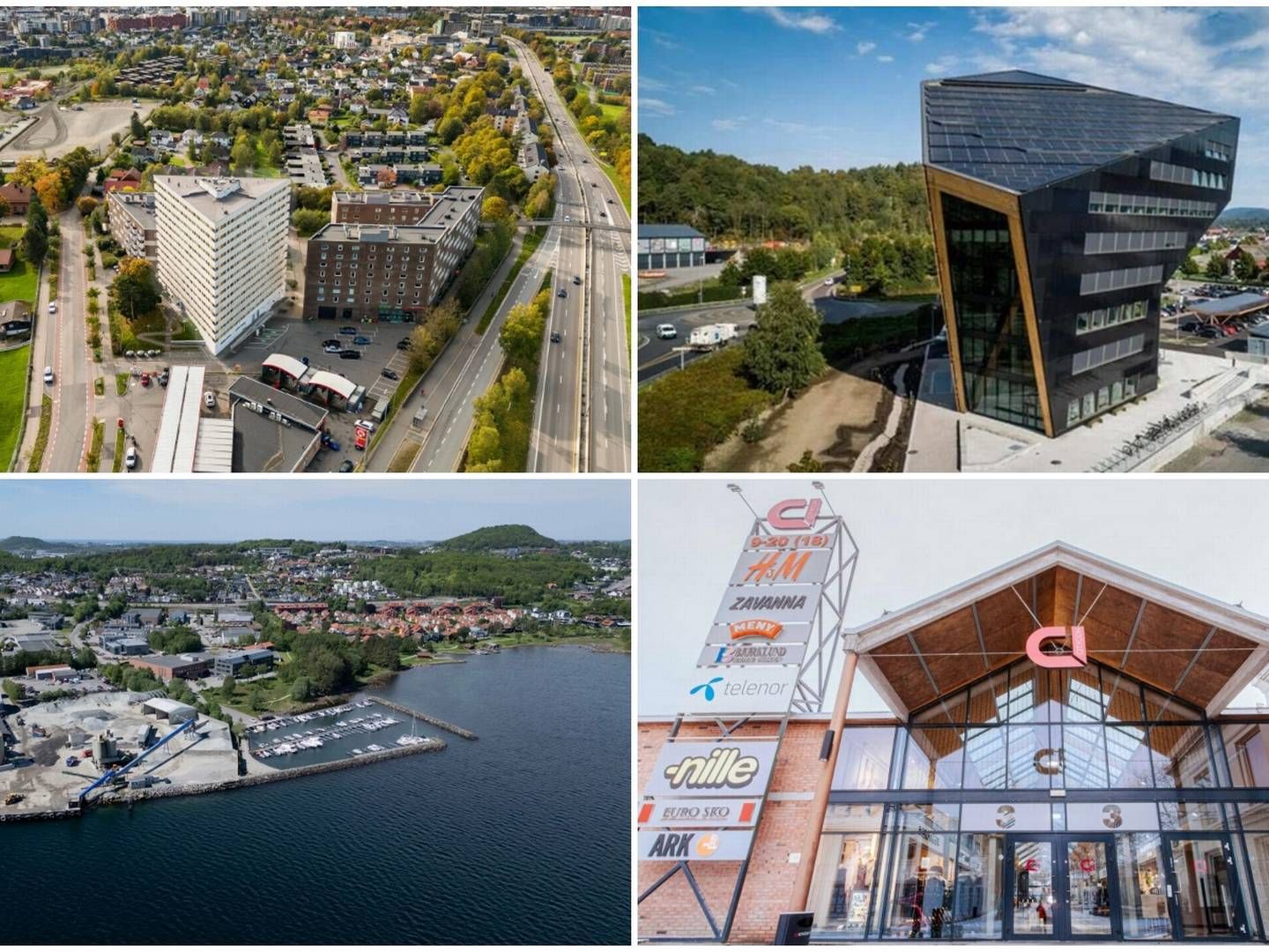 SOLGT: Bjerkebanen Apartments i Oslo, Powerhouse Porsgrunn, Finnestadveien 44 i Dusavik og Kongssenteret i Kongsvinger. | Foto: Colliers, Brødrene Jensen, Stangeland Gruppen, Citycon. Collage: EiendomsWatch