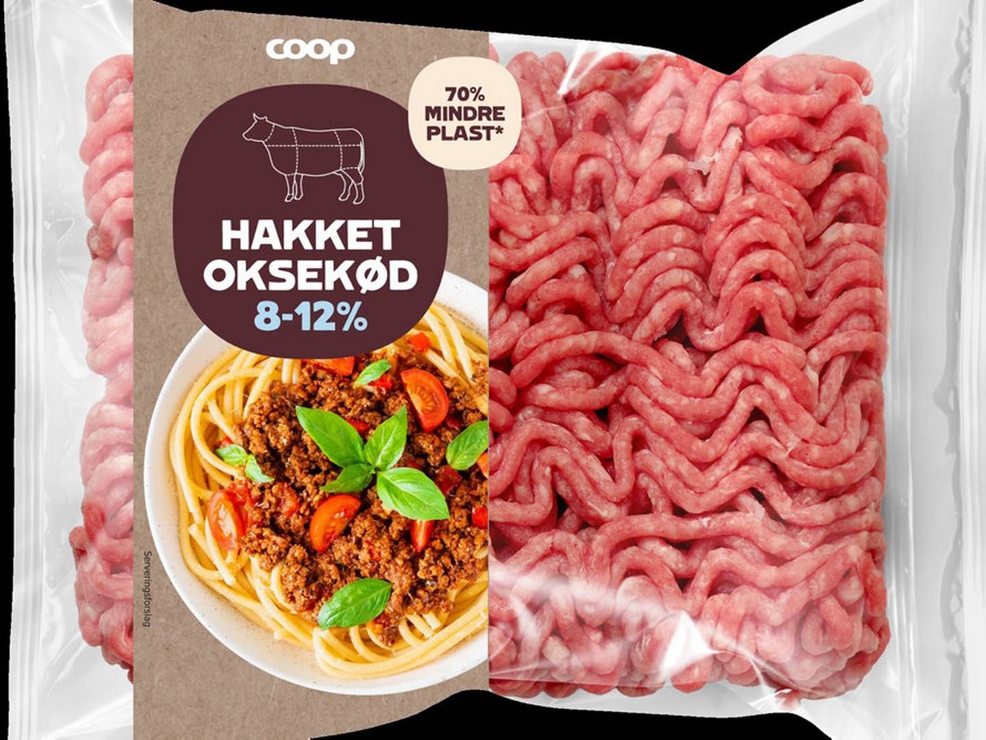 Ifølge Coops egne beregninger er der 70 procent mindre plast i den nye indpakning sammenlignet med den traditionelle kødbakke. | Foto: Pr Coop