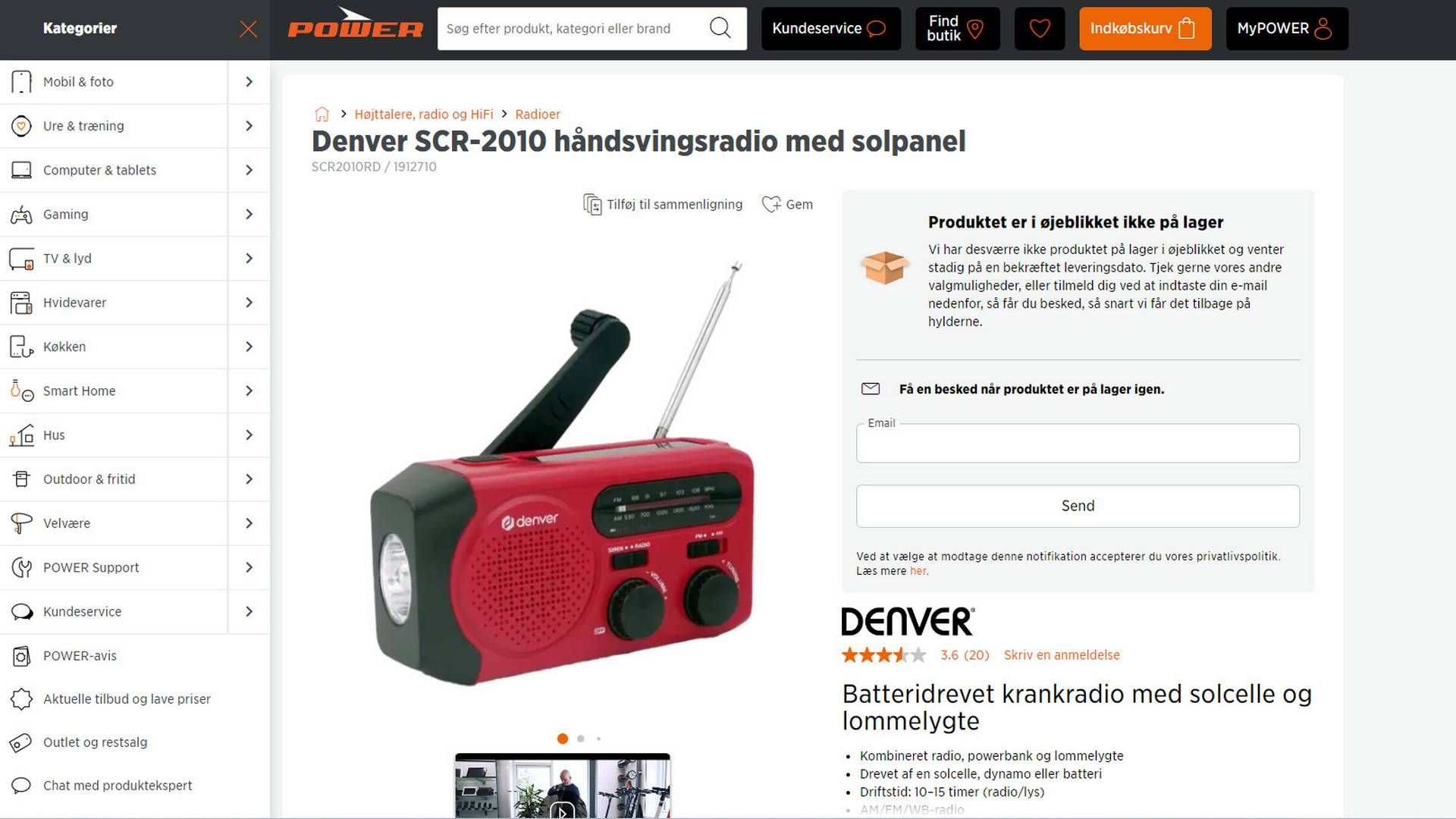 Der er fuldstændig udsolgt af de mest basale radiomodeller, der kun opererer ved hjælp fra håndkraft og solens stråler, i elektronikkæden Power. | Foto: Sif Bjørk Pedersen, screenshot