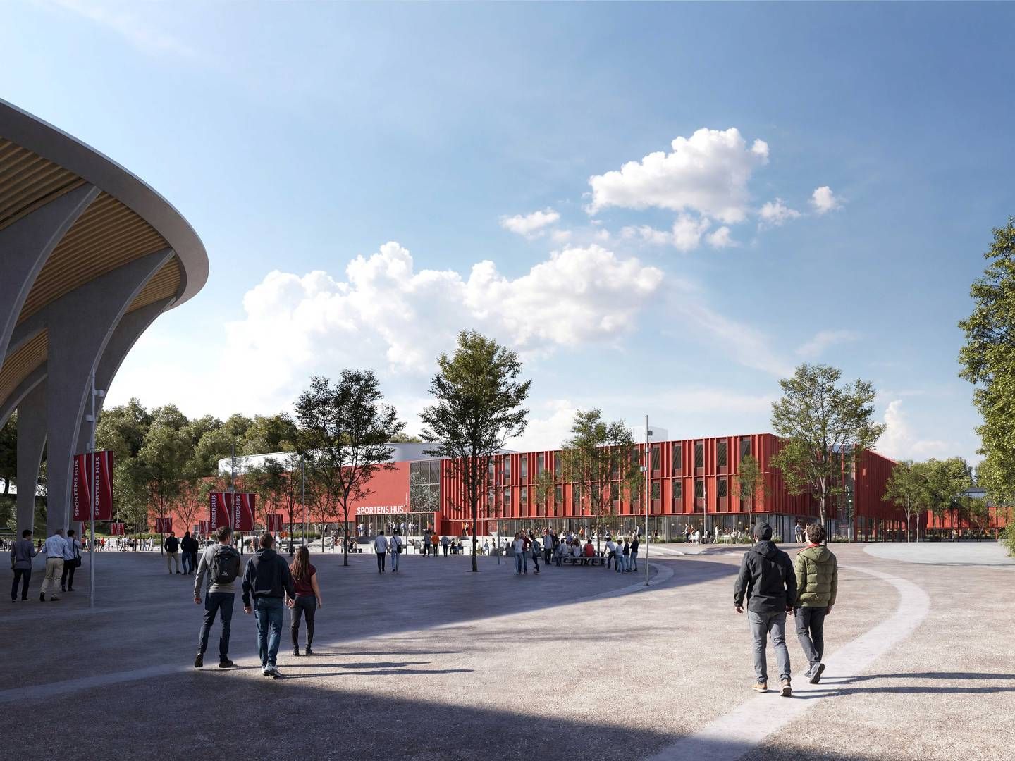 Det bliver Raundahl & Moesby og M. J. Eriksson som med rådgivning fra Aart Architects og Niras skal opføre det nye Sportens Hus, atletikstadion og fodboldstadion i Kongelunden i Aarhus. Visualisering: Aart Architects
