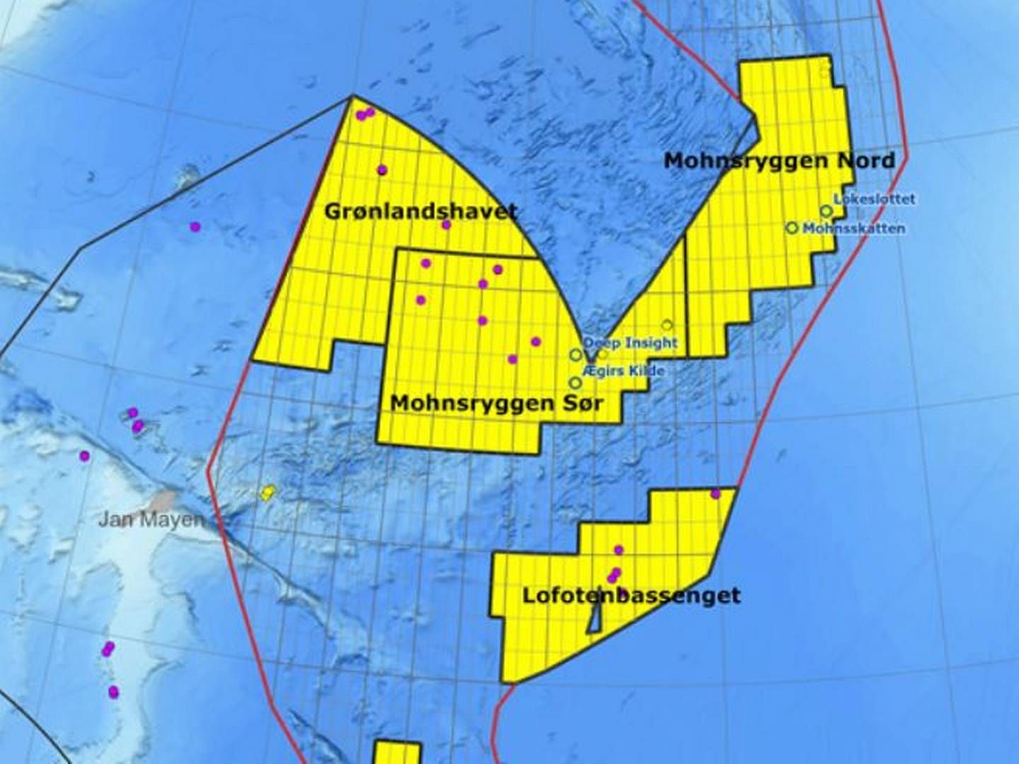 De gule områdene inngår i den første mineralhøringen. | Foto: Energidepartementet