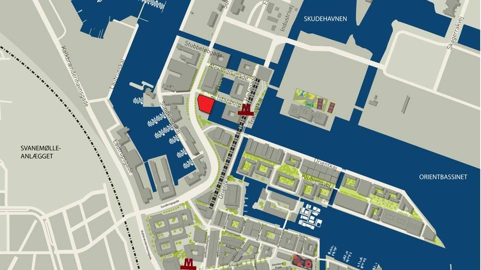 Den ny Østre Landsret, der på kortet er markeret med rødt, kommer til at ligge på Trælastholmen i Københavns Nordhavn. | Foto: By & Havn