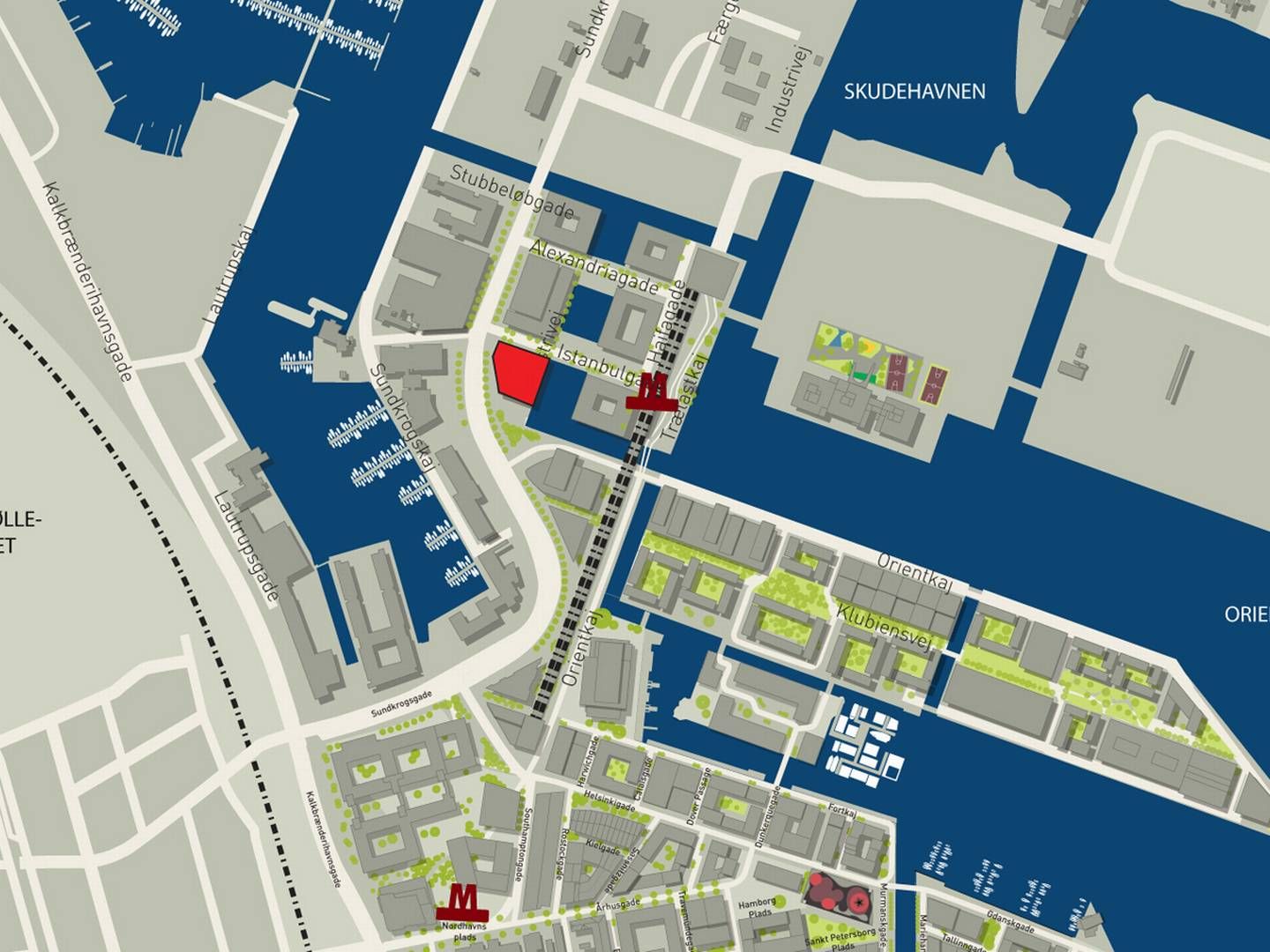 Den ny Østre Landsret, der på kortet er markeret med rødt, kommer til at ligge på Trælastholmen i Københavns Nordhavn. | Foto: By & Havn