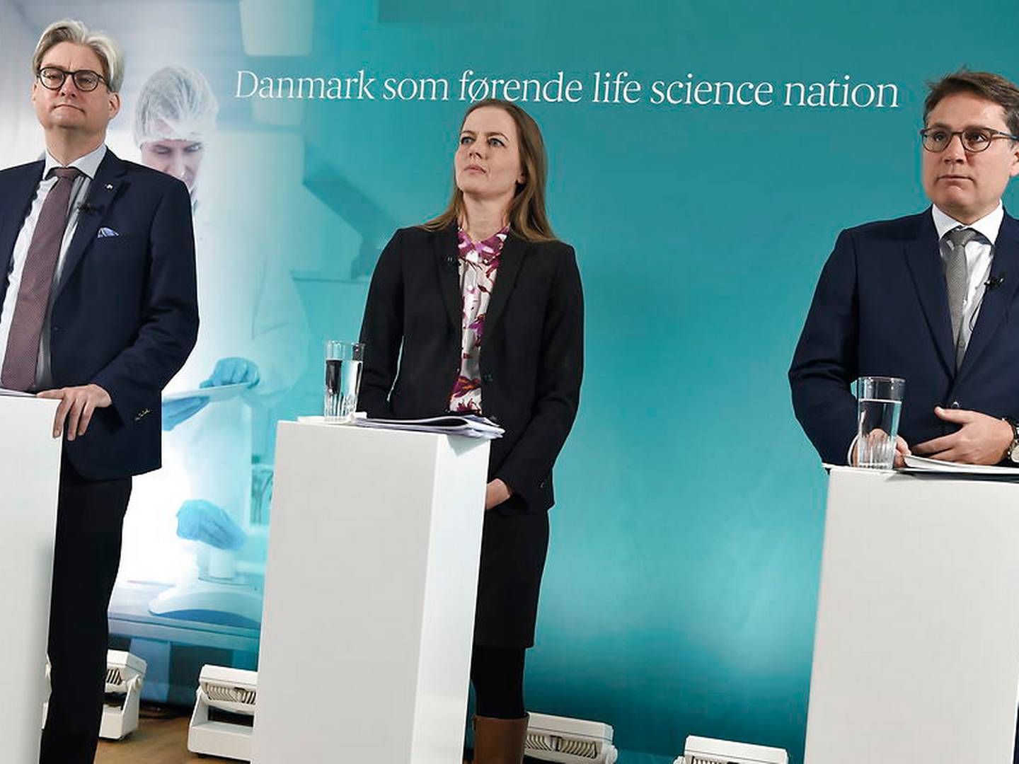 Uddannelses- og forskningsminister Søren Pind (V) (tv.), sundhedsminister Ellen Trane Nørby (V) (midten) og erhvervsminister Brian Mikkelsen (K) (th.) præsenterede 2. marts regeringens udspil til en vækstplan for life science i Lundbecks hovedkvarter i Valby. Foto: /ritzau/Liselotte Sabroe | Foto: /Ritzau Scanpix/Liselotte Sabroe