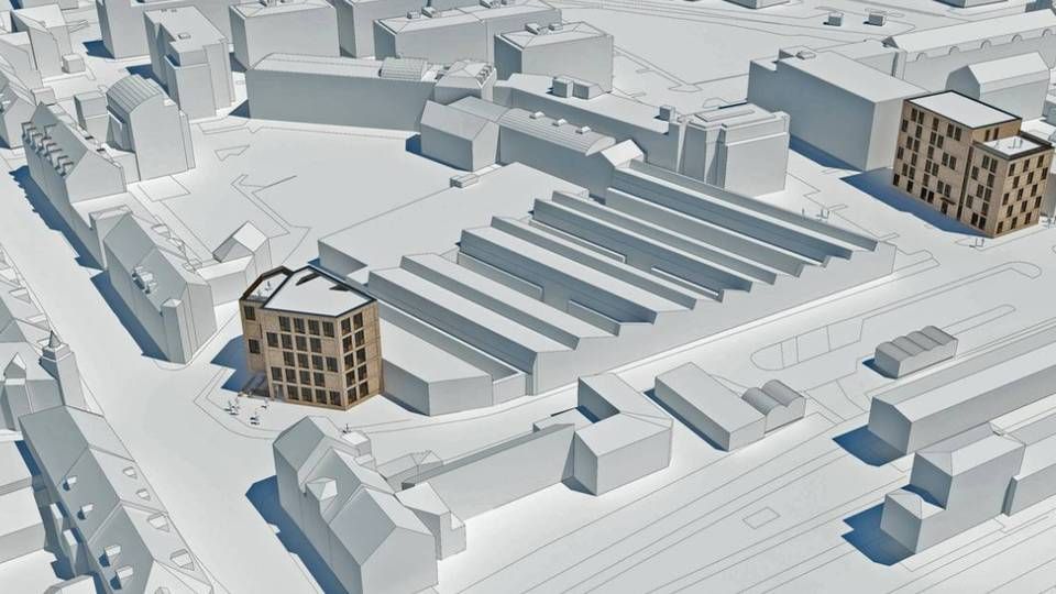 De to byggeriers planlagte placering bag banegården i Vejle | Foto: Illustration: Arkitektfirmaet Friis & Moltke