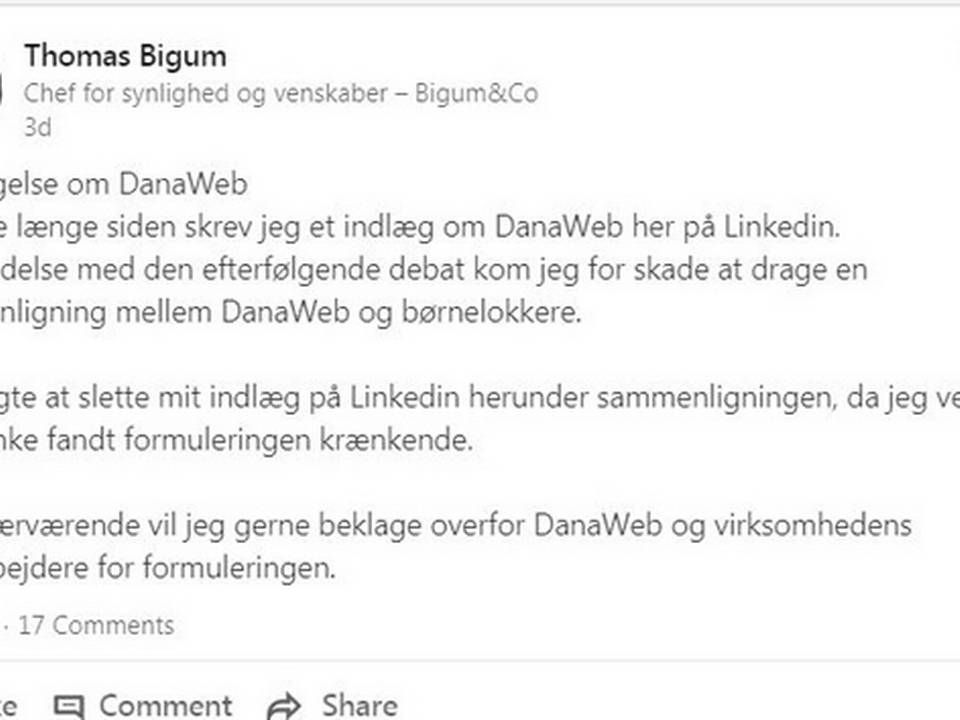 Thomas Bigums beklagelse på Linkedin