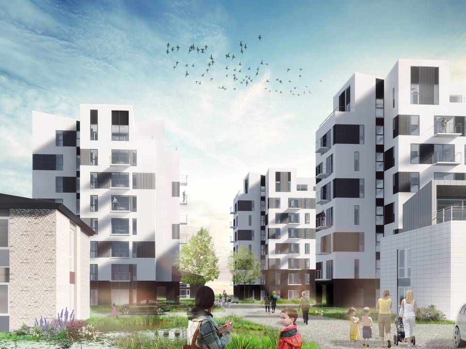 Visualisering af boligtårne i Aalborg Øst som private investorer har investeret en kvart milliard i at opføre.