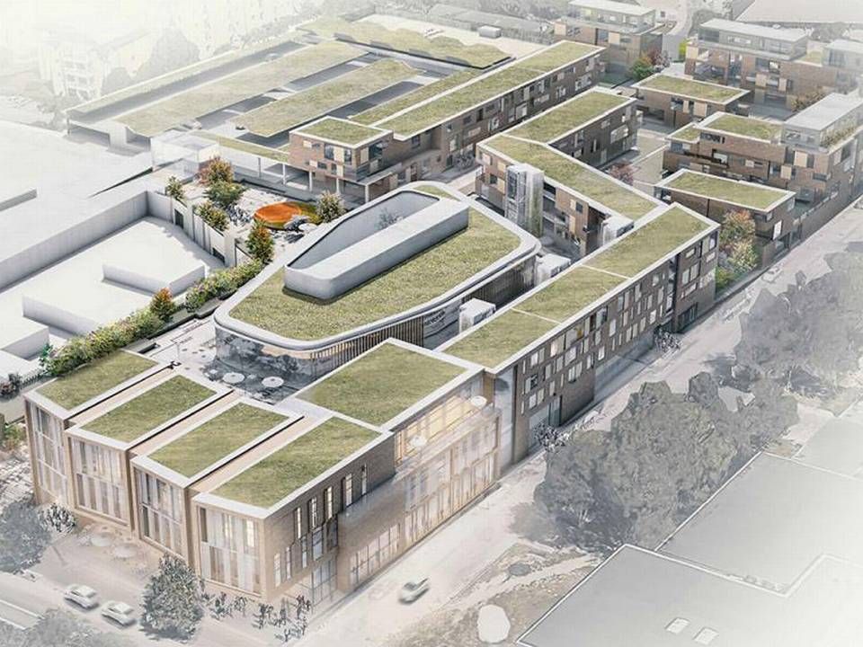Visualisering af et projektforslag om et shoppingcenter med boliger på taget i byen Husum i Storkøbenhavn. | Foto: Norconsult/Skovhus Arkitekter
