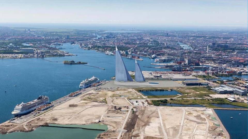 Visualisering af selskabet Great Northerns højhus-projekt i Nordhavn i København.