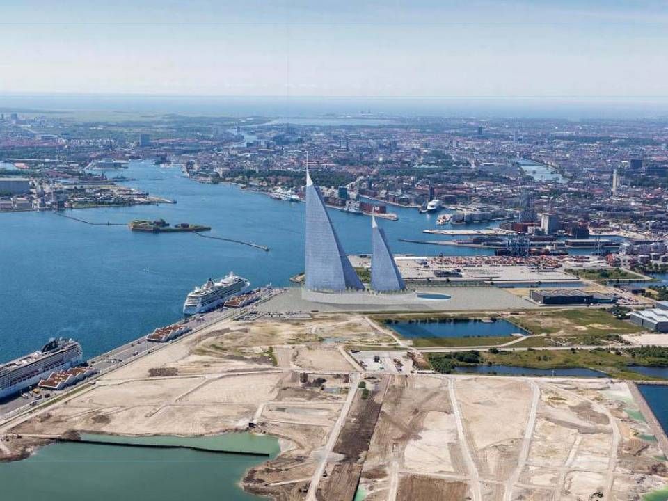 Visualisering af selskabet Great Northerns højhus-projekt i Nordhavn i København.