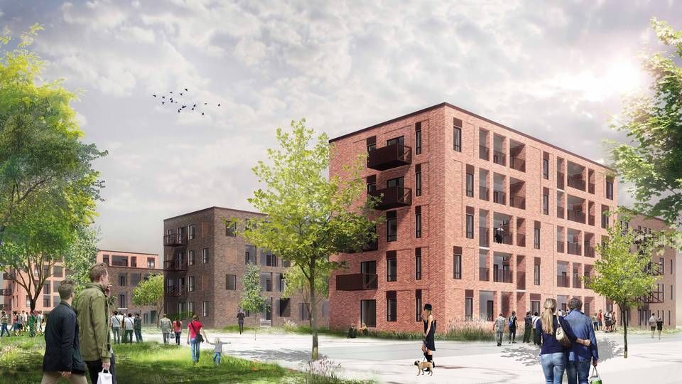 Visualisering af det kommende boligbyggeri på adressen Skebyvej 29 i Aarhus, som A. Enggaard har købt. | Foto: Visualisering: Rambøll Arkitekter og Schmidt Hammer Lassen