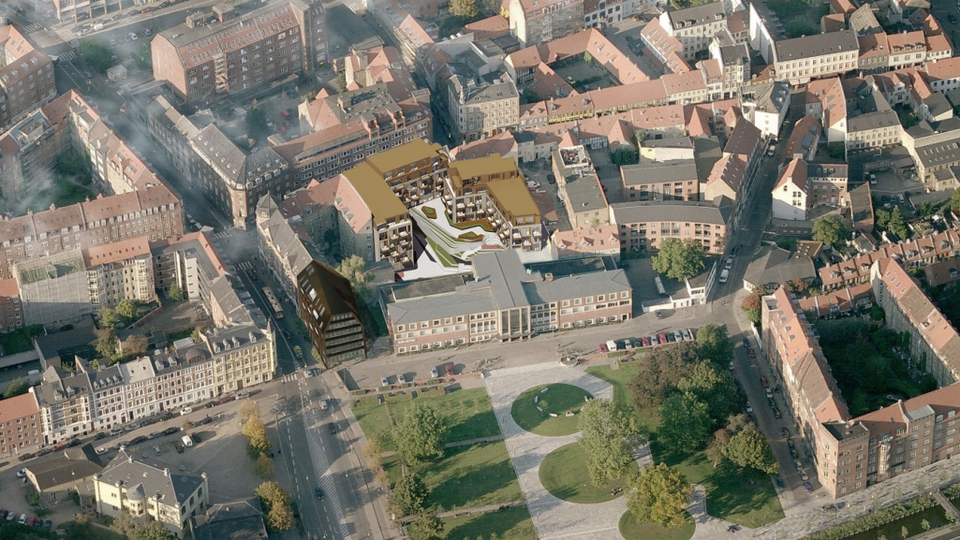Billedet viser en visualisering af det projekt, som den tyske investor Patrizia har købt i Aarhus kaldet Biblioteksparken. | Foto: PR