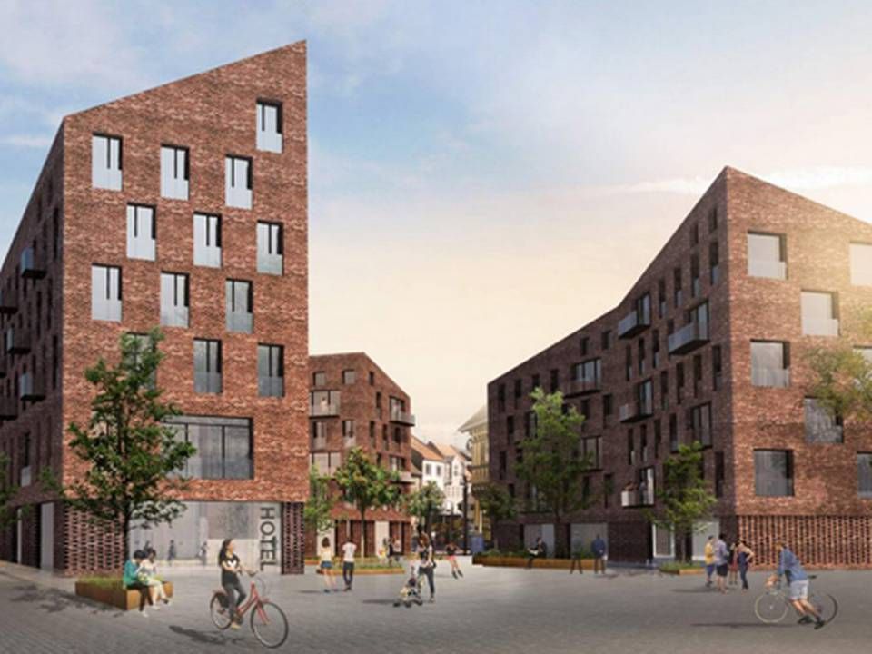 Visualisering af det kommende byggeri på Markedspladsen i Hillerød, som PFA Ejendomme har købt. | Foto: Visualisering: Mikkelsen Arkitekter.