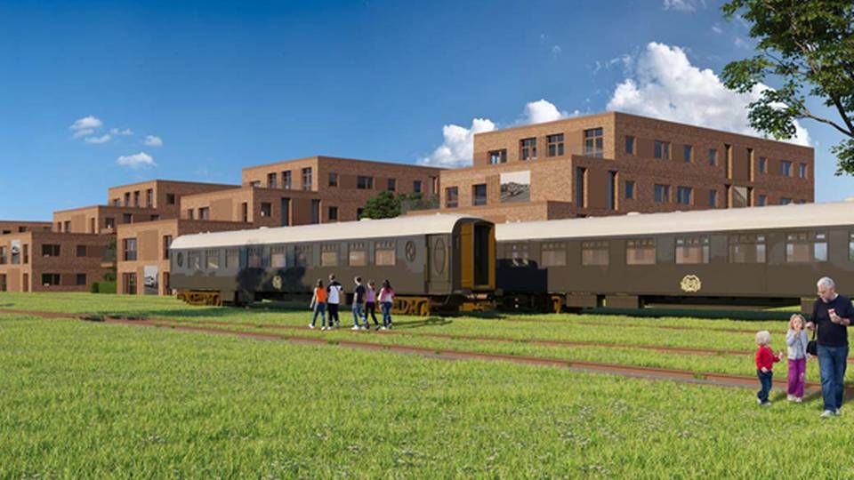Parkkvarteret, som bliver det første i den nye Randers-bydel, bevarer to originale togvogne. Den ene skal være beboerlokale. | Foto: Visualisering: Sporbyen Scandia.