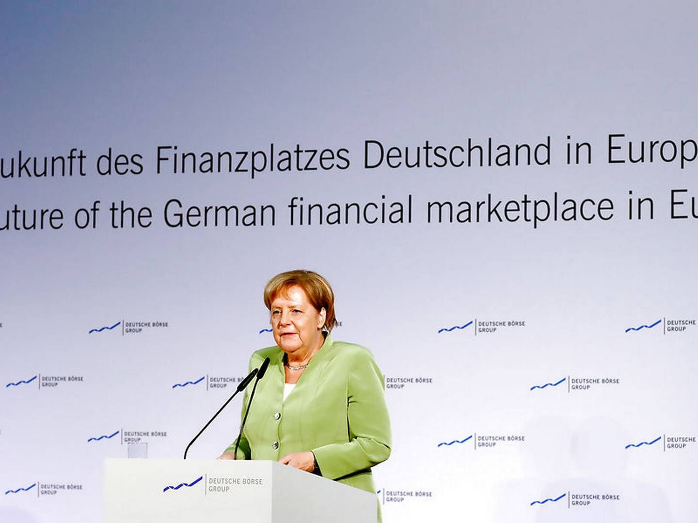 Angela Merkel talte tirsdag på en finanskonference i Frankfurt. | Foto: Kai Pfaffenbach/Ritzau Scanpix