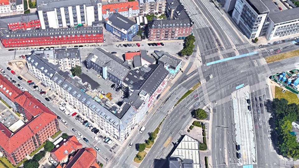 ATP købte i 2016 den trekantede grund ved Vibenshus Runddel på Østerbro i København. | Foto: Google Maps.