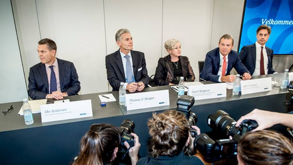 Bruun & Hjejle-advokat Ole Spiermann, der her ses længst til højre under ondagens pressemøde om Danske Banks hvidvask-sag, har ikke hørt om undersøgelser af sagen i USA | Foto: Asger Ladefoged/Ritzau Scanpix
