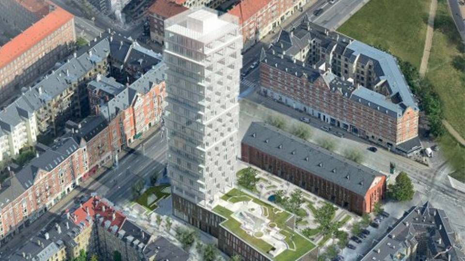 Visualisering af det højhus, som Gefion Group vil udvikle på Nuuks Plads 2 på Nørrebro. | Foto: PR/Gefion