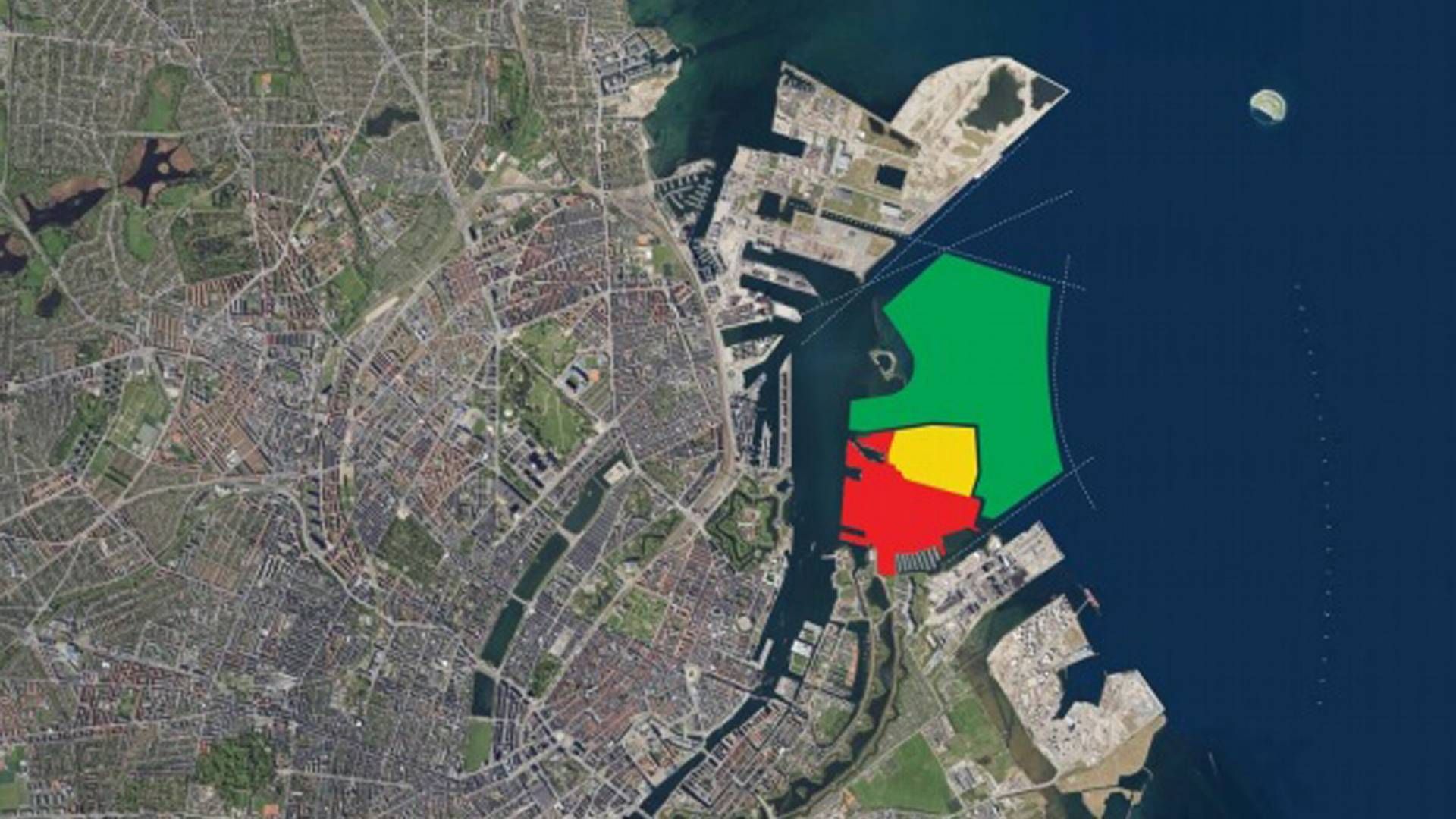 Kortet viser Lynetteholmen (grøn), Renseanlæg Lynetten (gul) og resten af Refshaleøen (rød). | Foto: PR-visualisering.