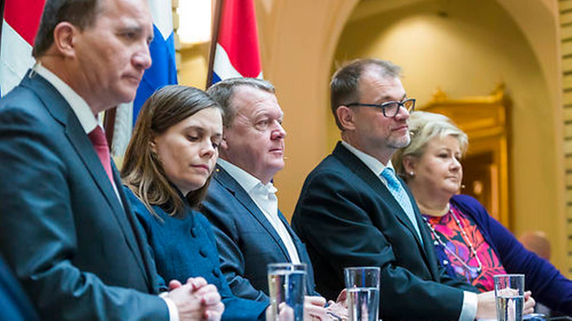 Five Nordic prime ministers assembled in Norway. From left Stefan Löfven (Sweden), Katrín Jakobsdottir (Iceland), Lars Løkke Rasmussen (Denmark), Juha Sipilä (Finland) and Erna Solberg (Norway) | Photo: Heiko Junge/Ritzau Scanpix