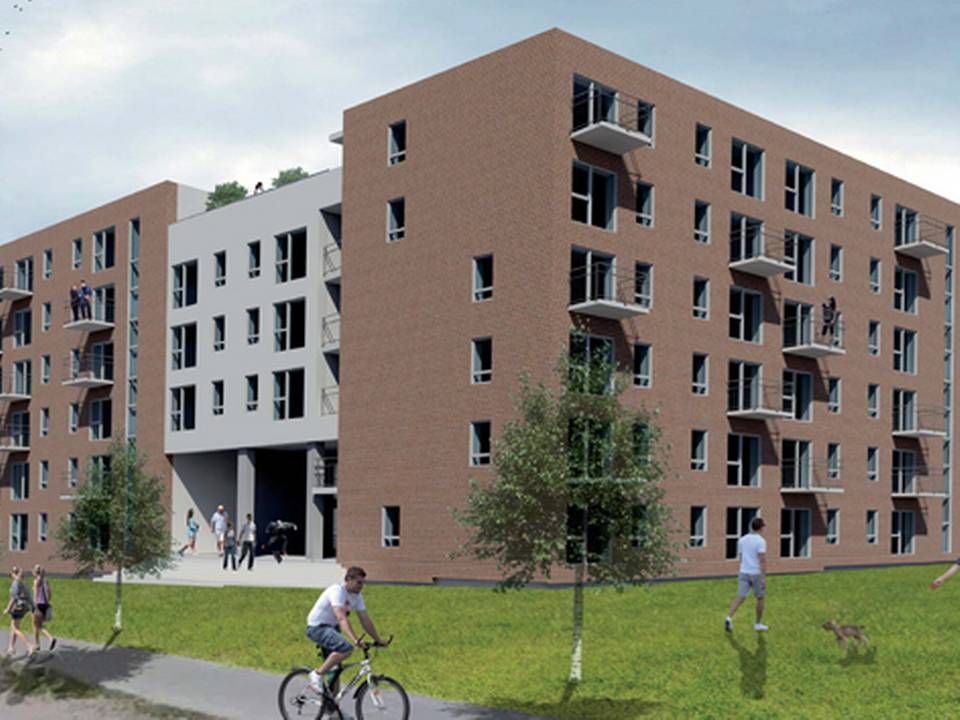 Den første af Odense Håndbolds ejendomme i Cortex Park stod klar i august 2018 og indholder 96 boliger og p-kælder. | Foto: Visualisering: Arkitektfirmaet TKT.